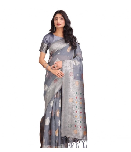 Generic Women's Linen Cotton Printed Saree With Unstitched Blouse 5.5Mtr (Grey)