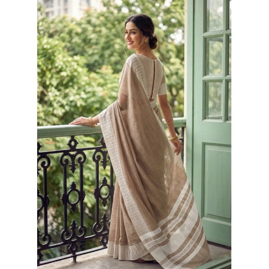 Generic Women's Linen Striped Saree With Unstitched Blouse 5.5Mtr (Lite Brown) Generic Women's Linen Striped Saree With Unstitched Blouse 5.5Mtr (Lite Brown)