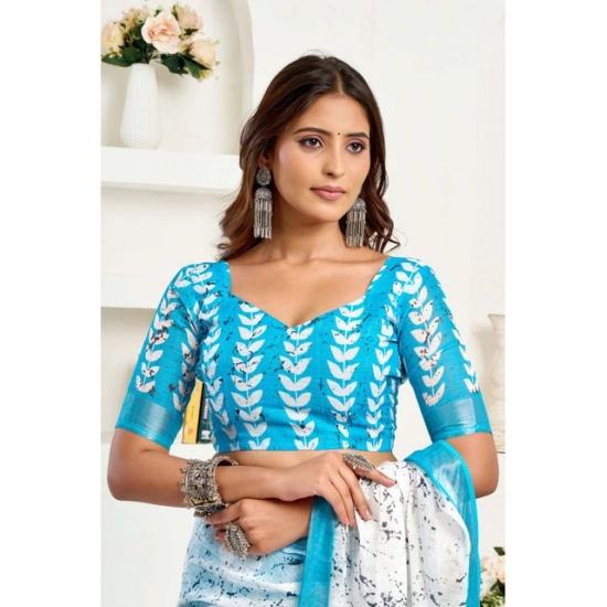 Generic Women's Linen Cotton Printed Ready To Wear Saree With Unstitched Blouse 5.5 Mtr (Sky_Blue)