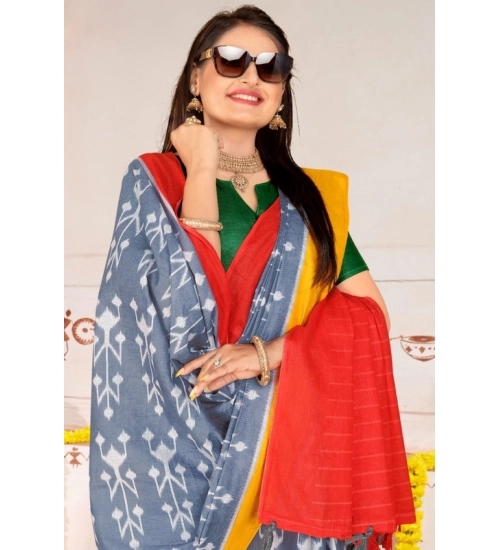 Generic Women's Soft Pure Cotton Printed Saree With Unstitched Blouse 5.5Mtr (Grey)