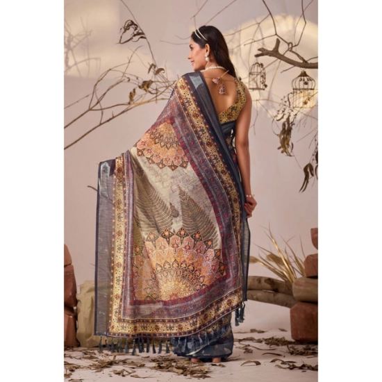 Generic Women's Faux_Linen Printed Saree With Unstitched Blouse 5.5Mtr (Navy_Blue)