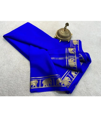 Generic Women's Crepe Chit Pallu Solid Saree With Unstitched Blouse 5.5Mtr (Navy Blue)
