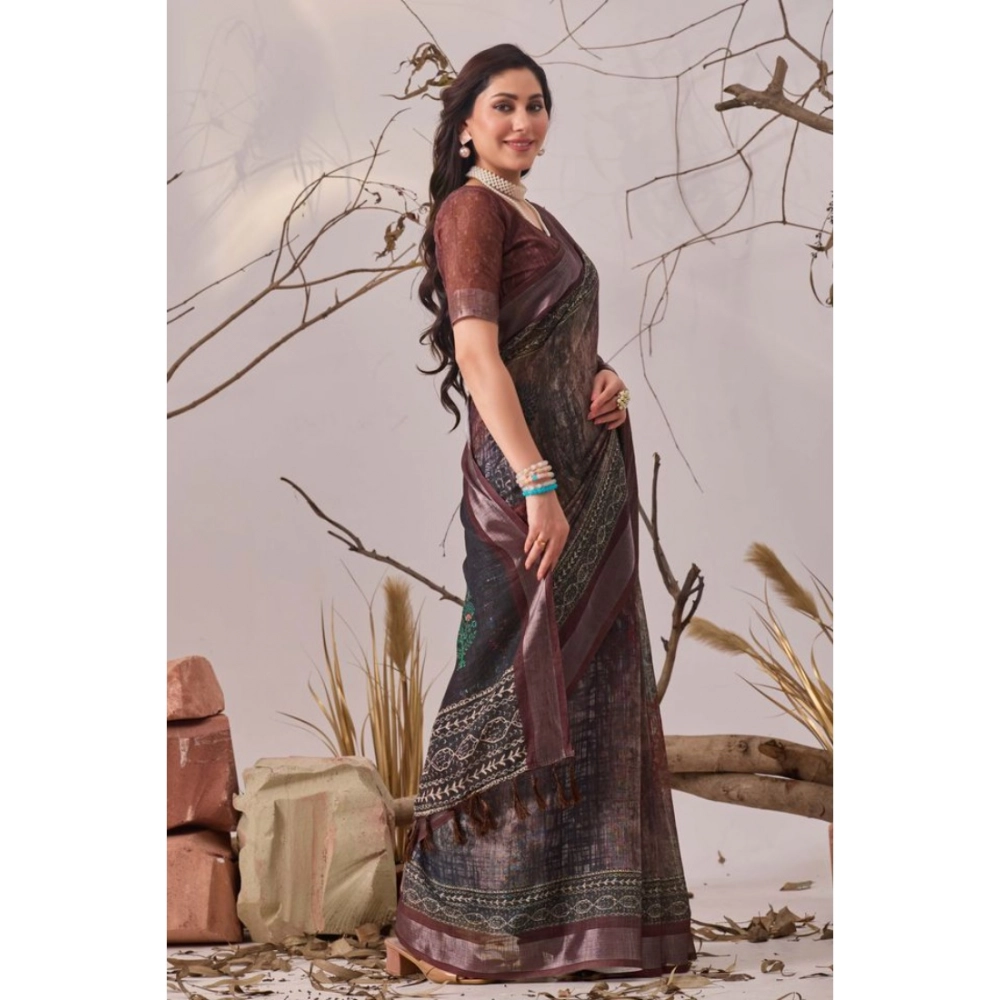 Generic Women's Faux_Linen Printed Saree With Unstitched Blouse 5.5Mtr (Brown)