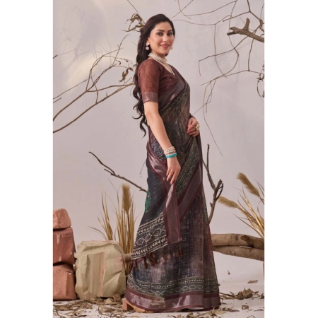 Generic Women's Faux_Linen Printed Saree With Unstitched Blouse 5.5Mtr (Brown) Generic Women's Faux_Linen Printed Saree With Unstitched Blouse 5.5Mtr (Brown)