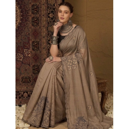 Generic Women's Viscose Silk Embroidered Saree With Unstitched Blouse 5.5Mtr (Brown)