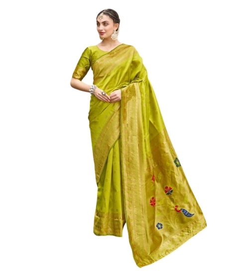 Generic Women's Silk Blend Paithani Weaving Saree With Unstitched Blouse 5.5Mtr (Lime Green)