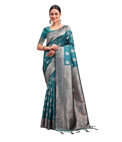 Generic Women's Banarasi Silk Printed Saree With Unstitched Blouse 5.5Mtr (Sea Green)