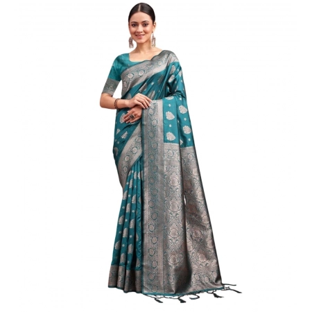 Generic Women's Banarasi Silk Printed Saree With Unstitched Blouse 5.5Mtr (Sea Green)