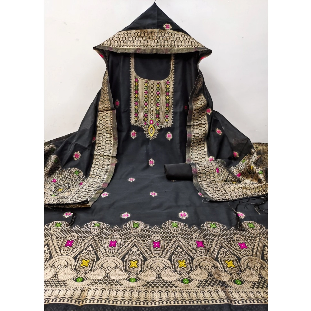 Generic Women's Banarasi Silk Printed Unstitched Salwar Suit Material With Dupatta (Black, 3Mtrs) Generic Women's Banarasi Silk Printed Unstitched Salwar Suit Material With Dupatta (Black, 3Mtrs)