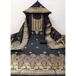 Generic Women's Banarasi Silk Printed Unstitched Salwar Suit Material With Dupatta (Black, 3Mtrs)