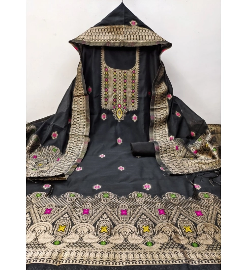 Generic Women's Banarasi Silk Printed Unstitched Salwar Suit Material With Dupatta (Black, 3Mtrs)