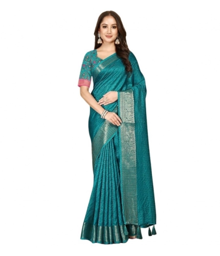 Generic Women's Cotton Blend Checkered Saree With Unstitched Blouse 5.5Mtr (Rama)