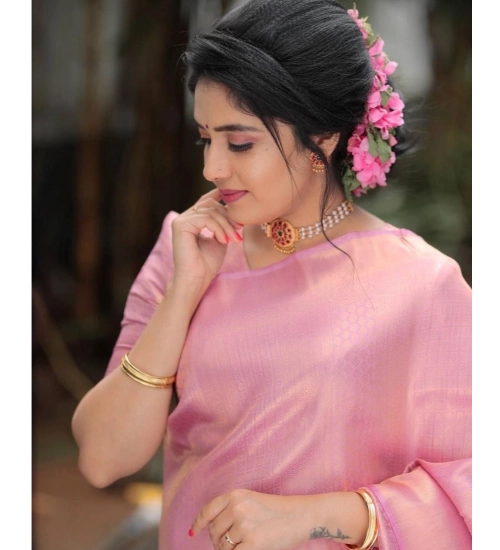 Generic Women's Soft Litchi Silk Jacquard Work Saree With Unstitched Blouse 5.5Mtr (Pink)