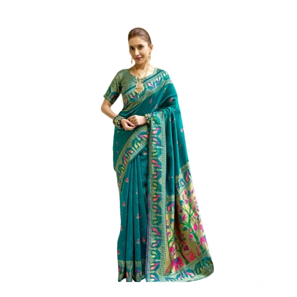 Generic Women's Silk Blend Woven Saree With Unstitched Blouse 5.5 Mtr (Teal)