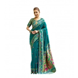 Generic Women's Silk Blend Woven Saree With Unstitched Blouse 5.5 Mtr (Teal)