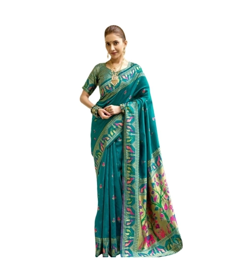 Generic Women's Silk Blend Woven Saree With Unstitched Blouse 5.5 Mtr (Teal)