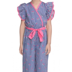 Generic Girl's Cotton Striped Flutter Jumpsuit (Blue-Pink)