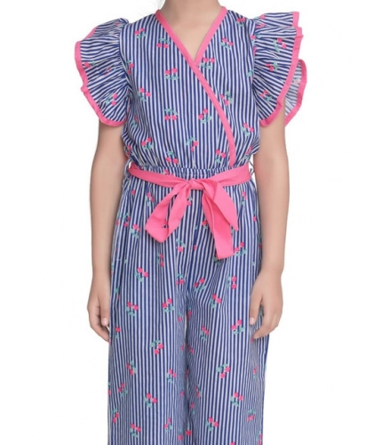 Generic Girl's Cotton Striped Flutter Jumpsuit (Blue-Pink)