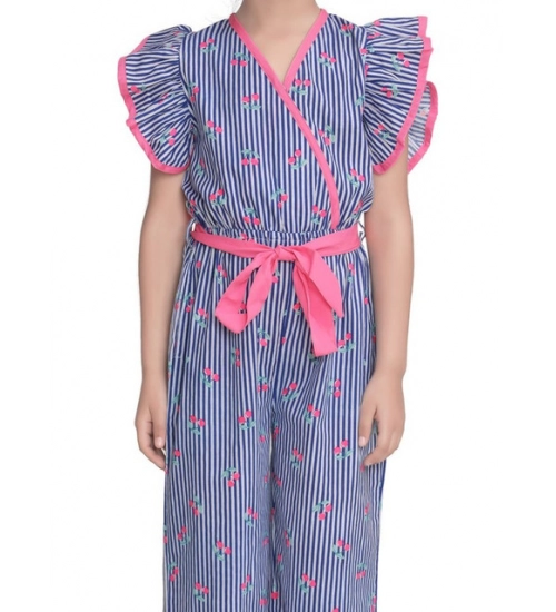 Generic Girl's Cotton Striped Flutter Jumpsuit (Blue-Pink)