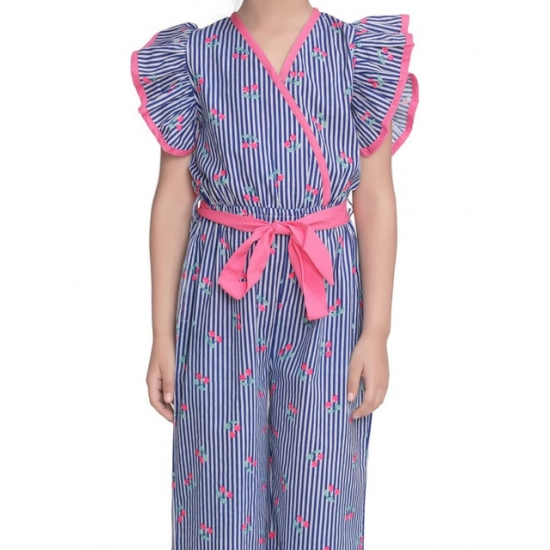Generic Girl's Cotton Striped Flutter Jumpsuit (Blue-Pink) Generic Girl's Cotton Striped Flutter Jumpsuit (Blue-Pink)