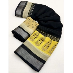 Generic Women's Cotton Linen Printed Saree With Unstitched Blouse 5.5Mtr (Black)