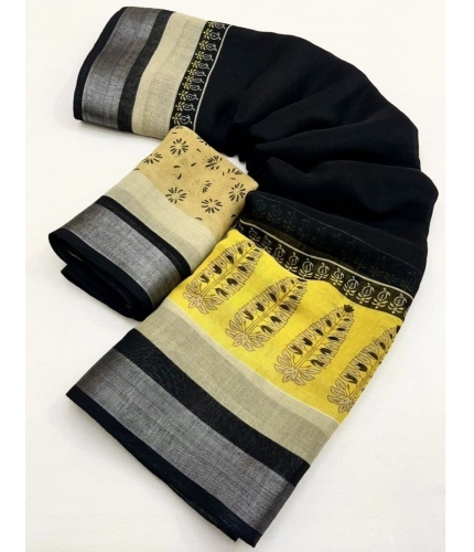 Generic Women's Cotton Linen Printed Saree With Unstitched Blouse 5.5Mtr (Black)