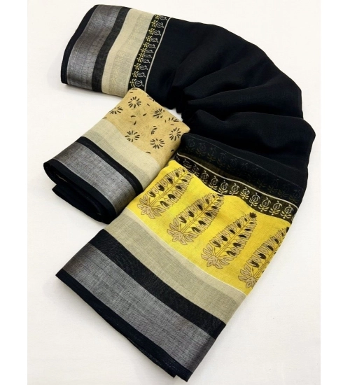 Generic Women's Cotton Linen Printed Saree With Unstitched Blouse 5.5Mtr (Black)