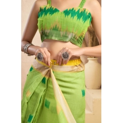 Generic Women's Faux Linen Floral Print Ready to wear Saree With Unstitched Blouse 5.5Mtr (Green)