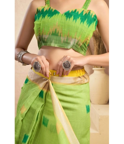 Generic Women's Faux Linen Floral Print Ready to wear Saree With Unstitched Blouse 5.5Mtr (Green)
