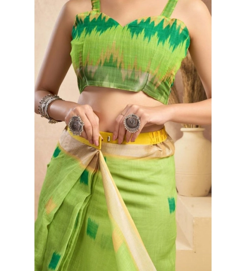 Generic Women's Faux Linen Floral Print Ready to wear Saree With Unstitched Blouse 5.5Mtr (Green)