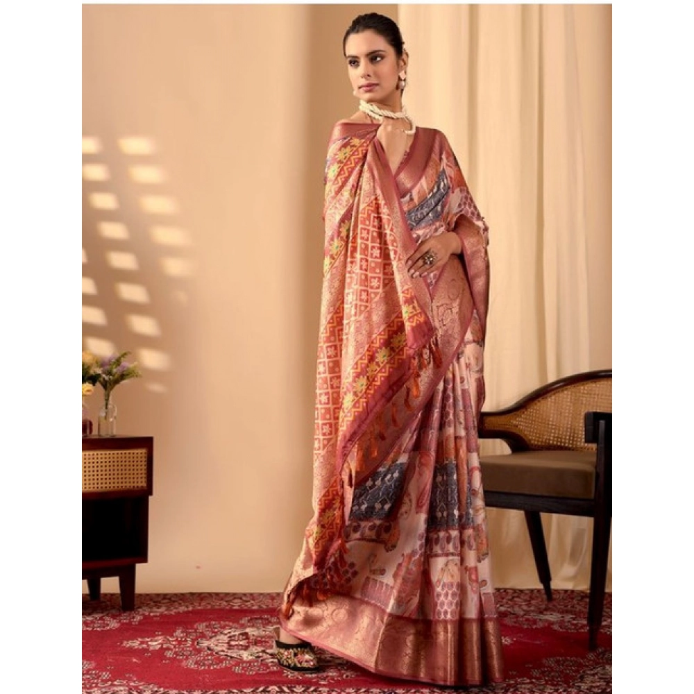 Generic Women's Faux_Silk Printed Saree With Unstitched Blouse 5.5Mtr (Peach)