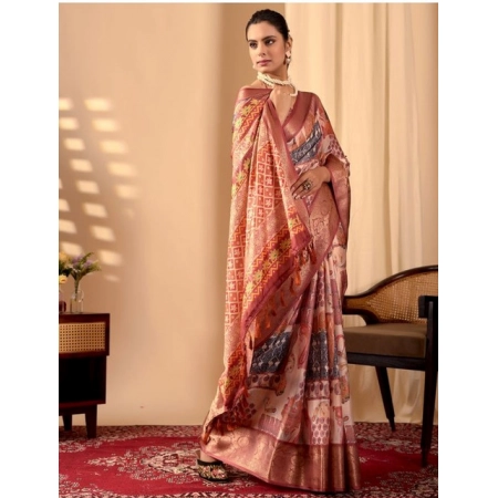 Generic Women's Faux_Silk Printed Saree With Unstitched Blouse 5.5Mtr (Peach)