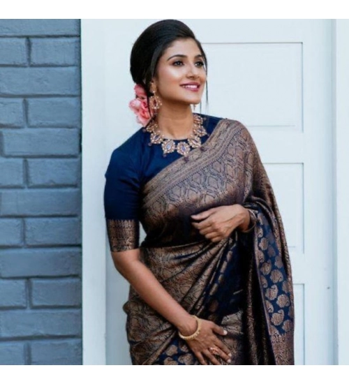 Generic Women's Litchi silk Printed Saree With Unstitched Blouse (Blue)