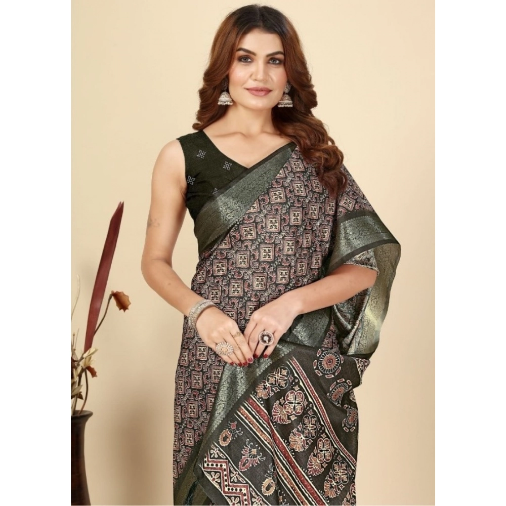 Generic Women's Cotton Blend Printed Saree With Unstitched Blouse 5.5Mtr (Black)
