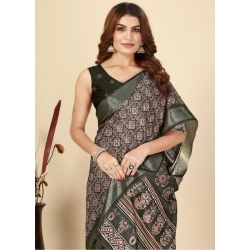 Generic Women's Cotton Blend Printed Saree With Unstitched Blouse 5.5Mtr (Black)