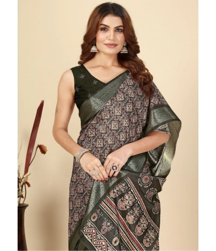 Generic Women's Cotton Blend Printed Saree With Unstitched Blouse 5.5Mtr (Black)
