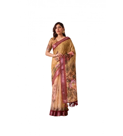 Generic Women's Faux_Linen Printed Saree With Unstitched Blouse 5.5Mtr (Mustard)