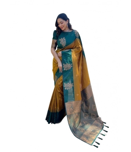 Generic Women's Soft Lichi Silk Printed Saree With Unstitched Blouse 5.5Mtr (Mustard )
