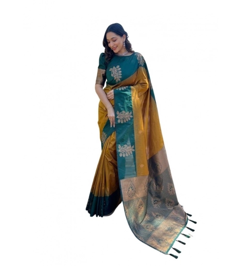 Generic Women's Soft Lichi Silk Printed Saree With Unstitched Blouse 5.5Mtr (Mustard )