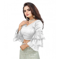 Generic Women's Organza Solid V Neck Layered Ruffle Sleeve Readymade Blouse (White Free Size , up to 38–40 Bust)-PID65859