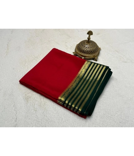 Generic Women's Crepe Chit Pallu Solid Saree With Unstitched Blouse 5.5Mtr (Red)