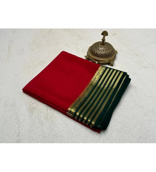 Generic Women's Crepe Chit Pallu Solid Saree With Unstitched Blouse 5.5Mtr (Red)