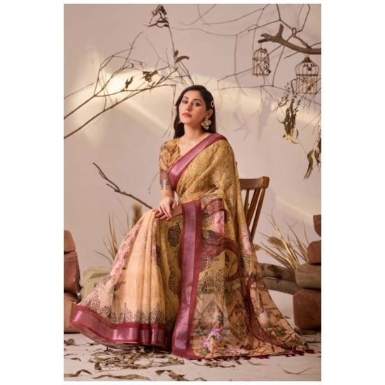 Generic Women's Faux_Linen Printed Saree With Unstitched Blouse 5.5Mtr (Mustard)