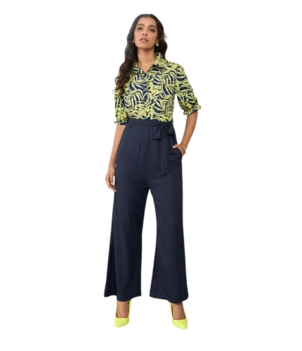 Generic Women's Polyester Floral Half Sleeves Jumpsuit (Navy - Yellow)