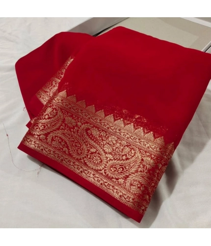 Generic Women's Crepe Chit Pallu Solid Saree With Unstitched Blouse 5.5Mtr (Red)