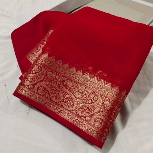 Generic Women's Crepe Chit Pallu Solid Saree With Unstitched Blouse 5.5Mtr (Red)