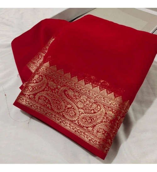 Generic Women's Crepe Chit Pallu Solid Saree With Unstitched Blouse 5.5Mtr (Red)
