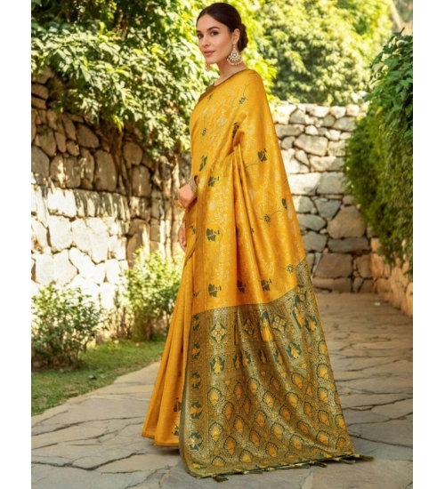 Generic Women's Silk Blend Woven Paithani Saree With Unstitched Blouse 5.5Mtr (Mustard)