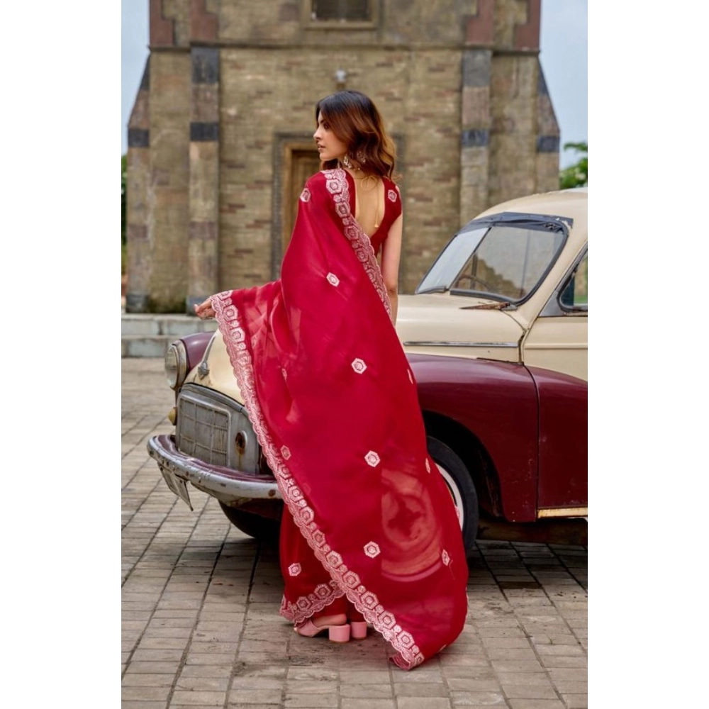 Generic Women's Faux Shimmer Geometric Ready to wear Saree With Unstitched Blouse 5.5Mtr (Red)