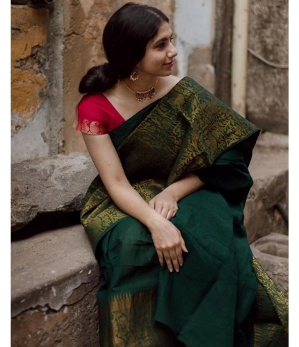 Generic Women's Soft Lichi Silk Printed Saree With Unstitched Blouse 5.5Mtr (Green)